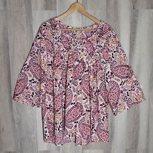 Woman Within Womens 1X‎ (22/24) Floral Blouse 3/4 Sleeve Smocked Keyhole Plus